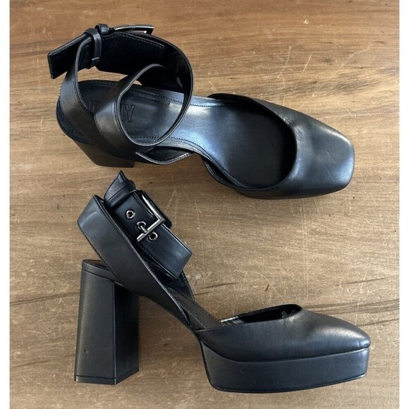 DKNY Briella Black Faux Leather Platform Block Heel Ankle Strap Buckle Size 11M - Picture 1 of 5
